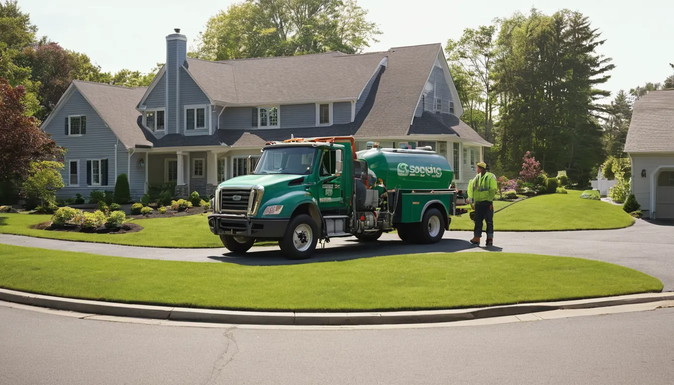 A friendly septic provider talking with a homeowner beside a septic tank access lid in Woodbury